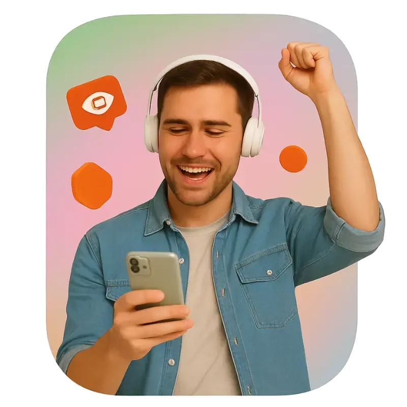 A boy listing song while holding phone and his background Instagram Impressions icons showing