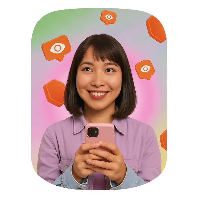 A smiling girl thinking something and her backgroung views icons fling