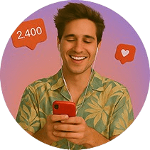 A young boy putting earbuds while operating phone, instagram followers icon in back