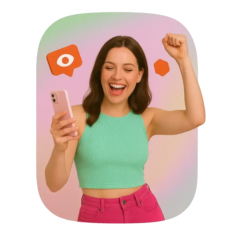 A excited girl dancing and holding phone, instagram icon above her head