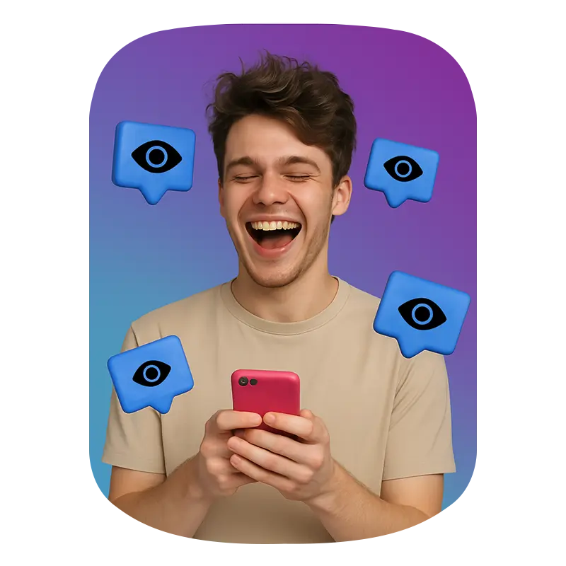 A boy holding phone and laughing and in background views icon flying