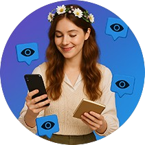 A cute girl holding phone in right hand and tab in left hand and some tiktok likes icons in backgroung.