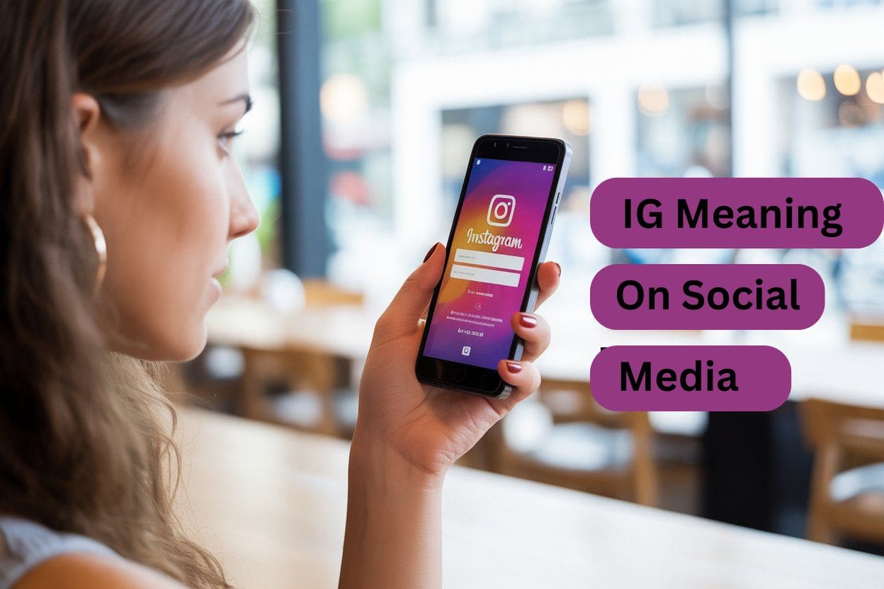 A thumb is operating Instagram in mobile with text IG meaning on social media